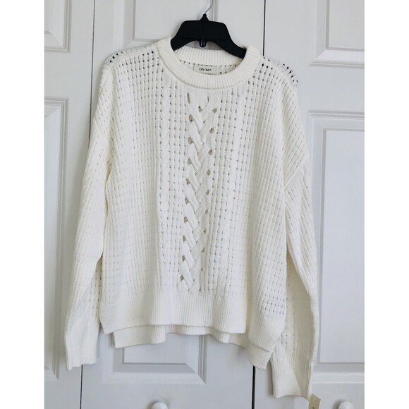 ON 34TH WOMEN'S SWEATER WHITE SIZE 1X PULLOVER CREW NECK LONG SLEEVE RIBBED CUFF - Picture 1 of 8